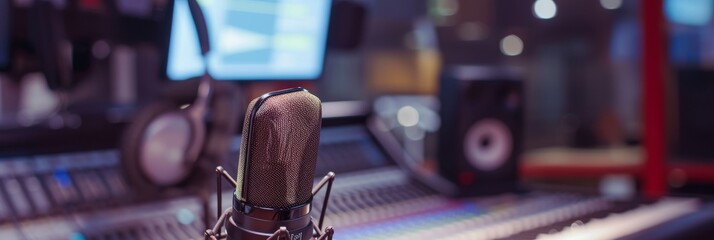 Broadcasting equipment including a microphone and headphones, set up in a modern radio station