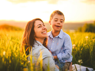 Nice mother and child Playing on great field at Sunset