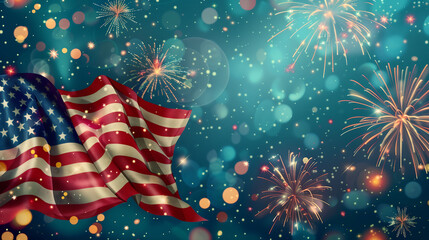 A USA flag waving with a vibrant fireworks display in the background, celebrating 4th of July Independence Day, captured in HD