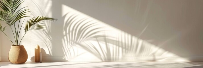 Minimalist space with a focus on natural light and the elegant shadow of a palm tree on the wall