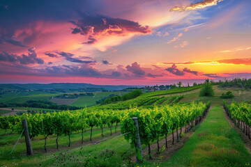 Naklejka premium Vineyard Sunset Serene Panorama Sky., Harvest time, a stage in the wine-making process, les vendanges, grape harvesting, a seasonal job.
