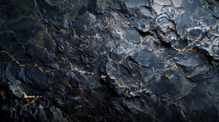 Close-up of rugged dark stone texture with gold veins. Ideal for backgrounds, design elements, or geological studies.