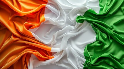Close-up of the Irish flag's vibrant colors in silk fabric, showcasing the iconic green, white, and orange tricolour design.