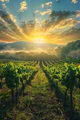 Naklejka premium Peaceful Sunrise Over Misty Vineyard, Harvest time, a stage in the wine-making process, les vendanges, grape harvesting, a seasonal job.