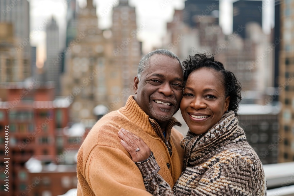 Wall mural portrait of a smiling afro-american couple in their 40s wearing a cozy sweater over vibrant city sky