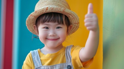 Cute smiling child in a hat giving a thumbs up gesture against a colorful background. Joyful toddler showing positivity and confidence.