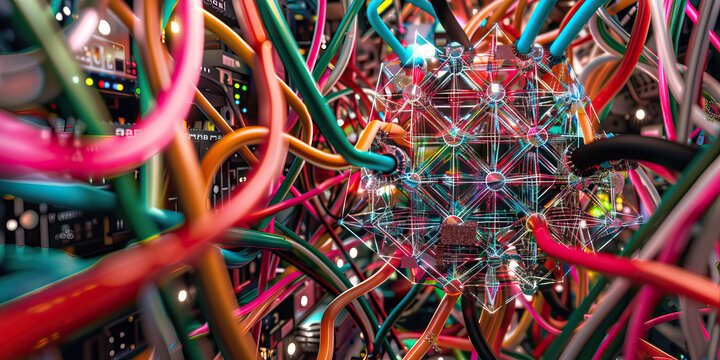 The Quantum Quiltwork: A tangle of color-coded cords and wires, surrounding a quantum computer.