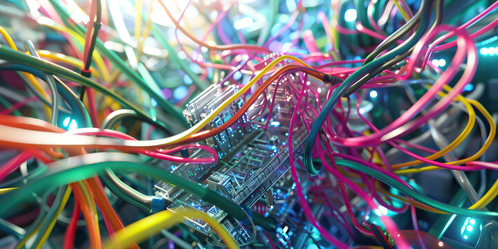 The Quantum Quiltwork: A tangle of color-coded cords and wires, surrounding a quantum computer.