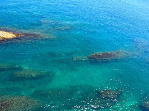Blue calm water Mediterranean sea aerial view