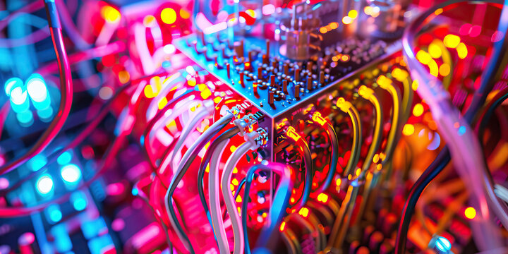 The Quantum Quiltwork: A tangle of color-coded cords and wires, surrounding a quantum computer.