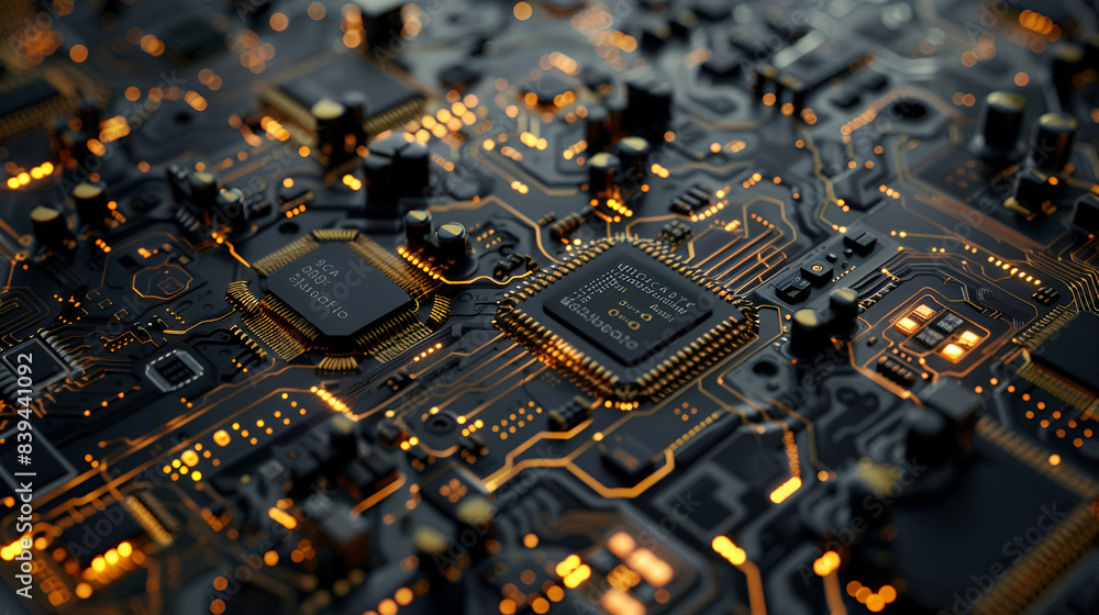 Fototapete detailed view of the components and circuitry of a computer motherboard, 3d rendering of cpu with mi