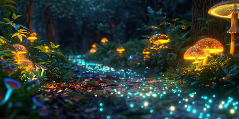 Obraz premium The Bioluminescent Bower: A forest path, illuminated by glowing mushrooms and bioluminescent plants.