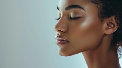 Fototapeta premium Serene Woman with Sunlight Reflections on Face - Artistic and Tranquil Stock Photo for Beauty and Relaxation Themes