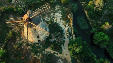a bird's eye view of a windmill in a beautiful setting for sustainable energy, generated by AI