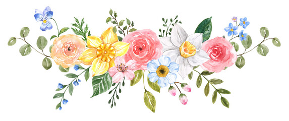 Watercolor floral bouquet features colorful spring flowers and foliage. Hand-painted botanical illustration of a wildflower wreath. PNG clipart.