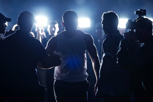 Athlete Surrounded by Media After Doping Allegations - Dramatic Scene with Flashing Lights
