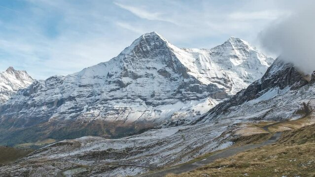 Mannlichen Switzerland time lapse, Alps mountain range with Jungfrau and Monch peak