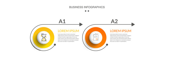 Business vector infographics with two circles and arrows. Timeline visualization with 2 steps for diagram, flowchart, banner, presentations, web, content, levels, chart, graphic