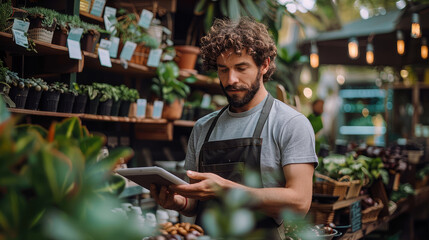 Man using tablet in a plant nursery
