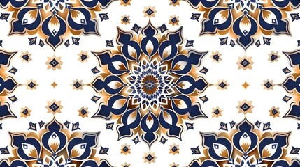 Elaborate Ornamental Islamic Geometric Pattern with Intricate Blue and Gold Motifs on White