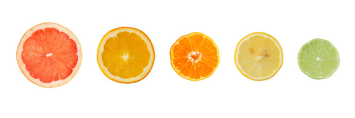 Citrus fruits collection. Set slices of fresh juicy grapefruit, orange, tangerine, lemon and lime...