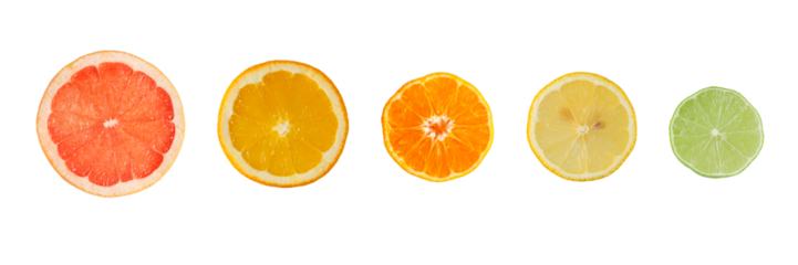 Citrus fruits collection. Set slices of fresh juicy grapefruit, orange, tangerine, lemon and lime fruits isolated on white background.