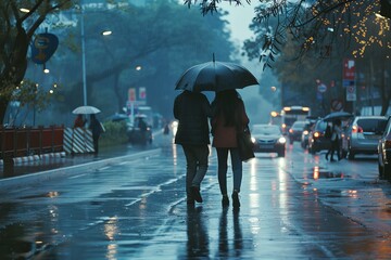 a couple walking together sharing an umbrella together on a rainy day