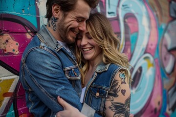 Obraz premium Portrait of a happy couple in their 30s wearing a rugged jean vest on colorful graffiti wall