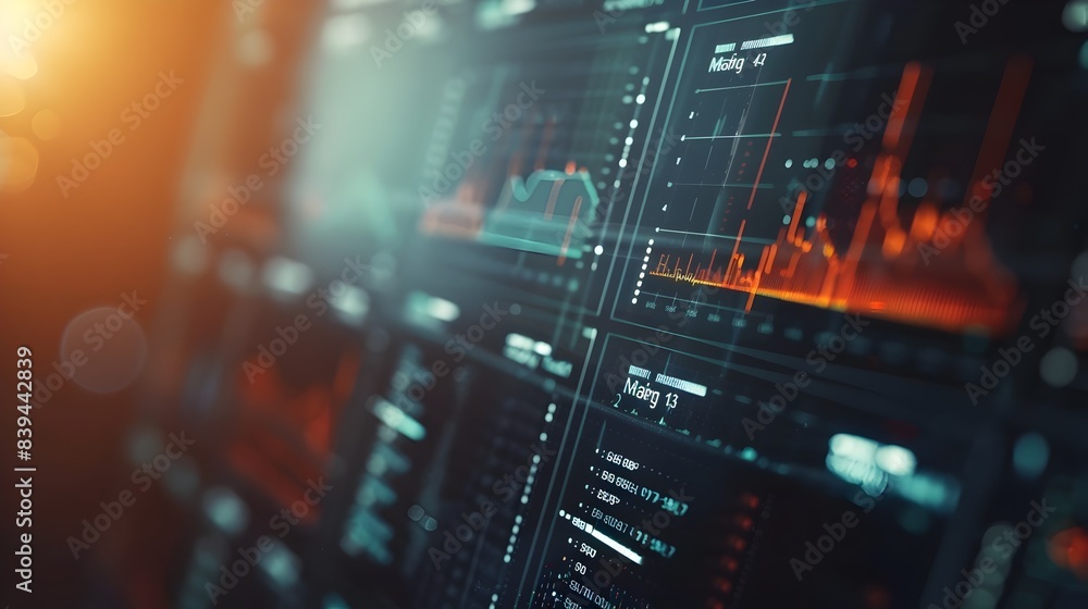 Poster close-up view of digital dashboard with key market metrics and analytical focus in professional