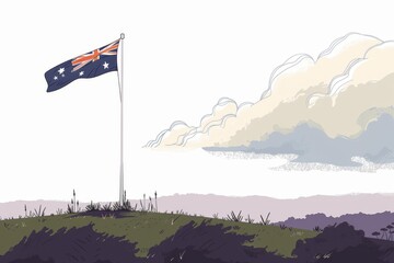 A peaceful landscape with a solitary Australian flag flying at half-mast, honoring the sacrifices of Anzac Day.