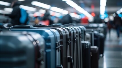 Obraz premium Colorful Suitcases at Baggage Claim Area in Busy Airport Terminal