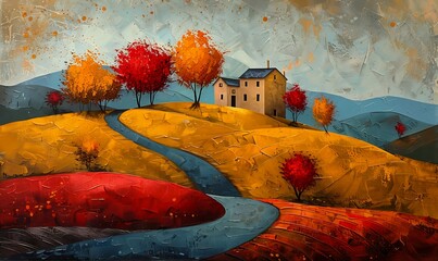 house hill winding road happy color red orange yellow leaves highly conceptual figurative hillside