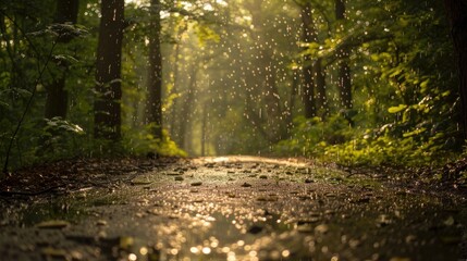 Obraz premium A Sun-Dappled Forest Path After Rain