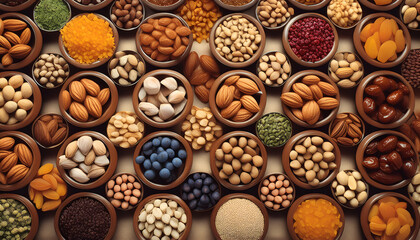 Assorted nuts, seeds, spices, and dried fruits in wooden bowls, showcasing a colorful variety of healthy foods on a rustic background.