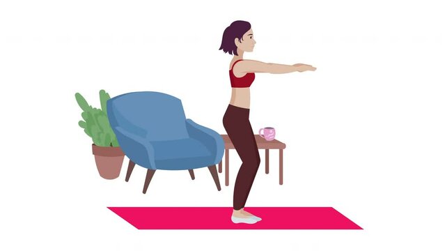 Female cartoon character doing exercise on mat in the house.  Fitness and workout, healthy lifestyle concepts. 4k, Looped 2D animation. 