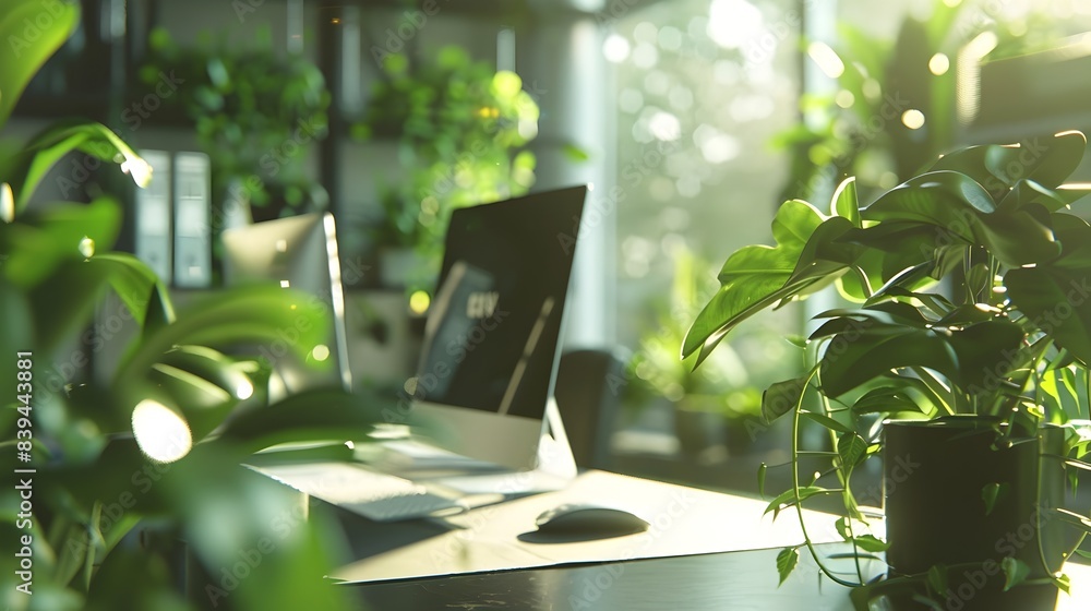Aufkleber energy-efficient green technology usage in modern workspace with soft ambient light