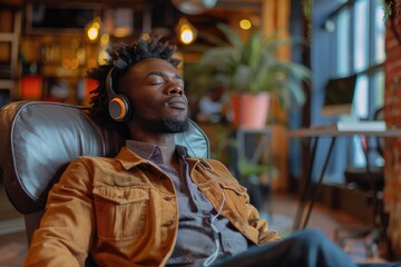 Black man sitting in a chair in an office with a computer and phone in the background, wearing headphones and listening to relaxing music, with his eyes closed and a calm expression on his face