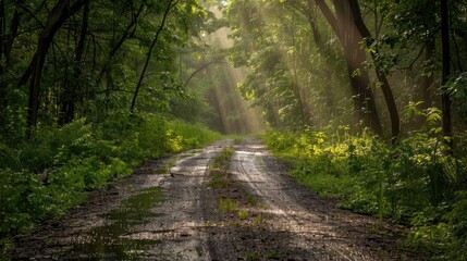 Obraz premium Sunbeams Through the Forest Path