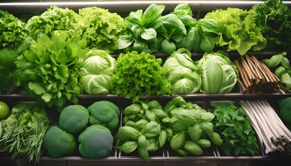 Fresh vegetables on a market stall including lettuce, broccoli, and basil, displayed neatly and ready for sale.
