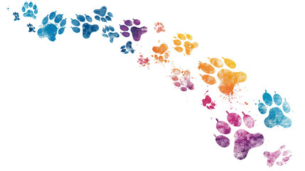 colorful cat paw prints isolated on white background. footprints, paw print path Dog paws. Kitten. Paw prints of bright colors of animals, silhouettes
