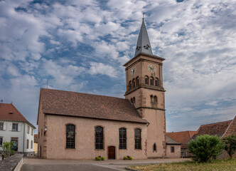 Goxwiller, France - 06 29 2023: View of the church in church alley of Goxwiller.