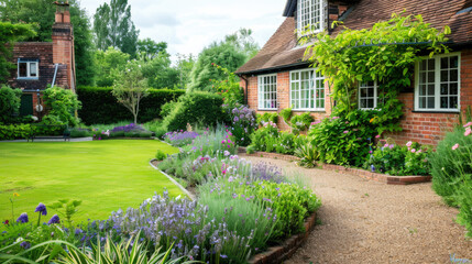 Naklejka premium Beautiful backyard English cottage garden with green lawn and flower beds