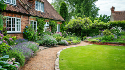 Beautiful backyard English cottage garden with green lawn and flower beds