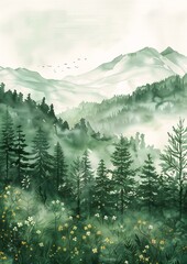 mountain trees flowers illustration misty eerie green background streaming view zoomed out aquarelle
