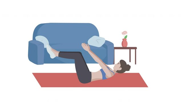 Female cartoon character doing exercise on mat in the house.  Fitness and workout, healthy lifestyle concepts. 4k, Looped 2D animation.