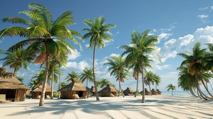 model of a beach resort with palm trees and huts, summer