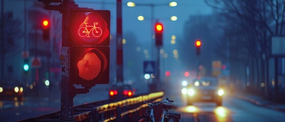 Description: Against the backdrop of a German cityscape in the evening, a traffic light on a highway