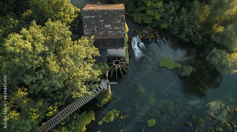 Wall mural a bird's eye view of a watermill in a beautiful environment for sustainable energy, generated by AI