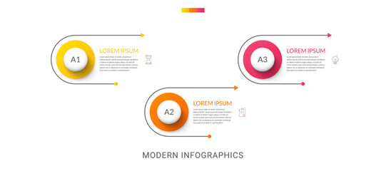 3 step arrows vector infographic. Modern and line infographics business timeline with related circle shapes, colors, icons. Visualization for business presentation, banner, workflow layout, chart