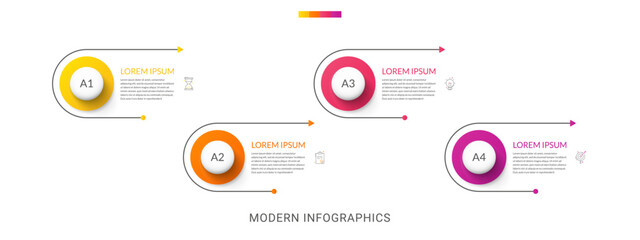 4 step arrows vector infographic. Modern and line infographics business timeline with related circle shapes, colors, icons. Visualization for business presentation, banner, workflow layout, chart